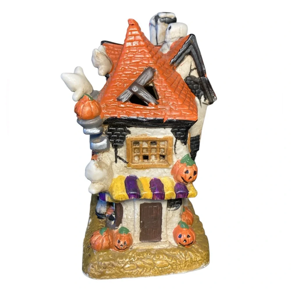 Halloween Witch Shop Figurine with Ghosts and Pumpkins